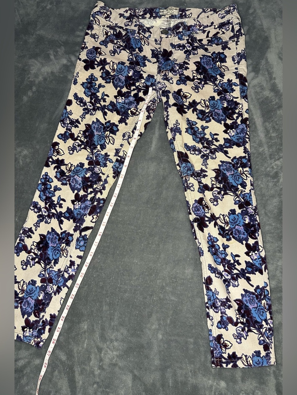 Free People Cream Floral Straight Leg Pants with Blue Velvet Print